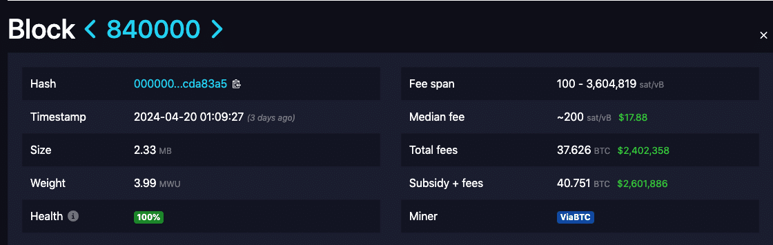 A surge in fees paid for the 840000th Bitcoin block