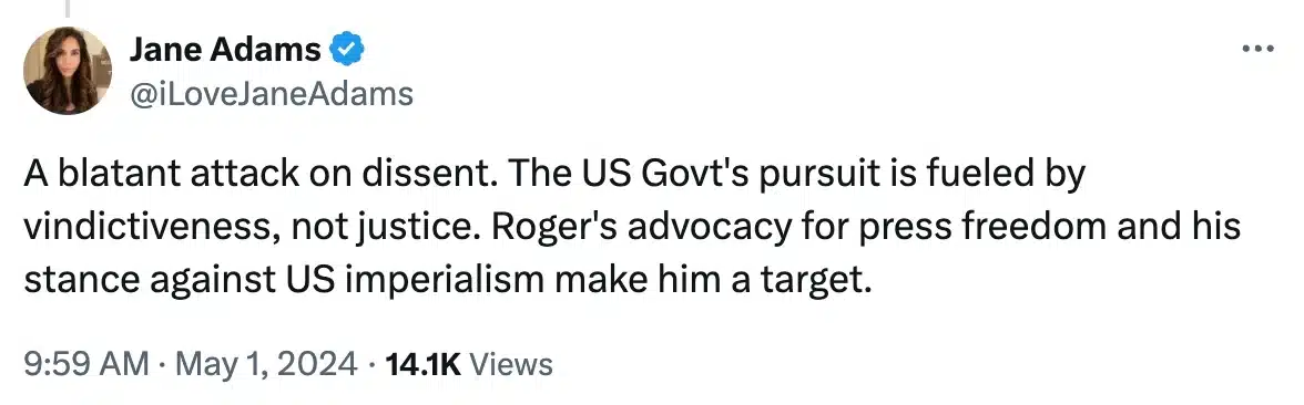 Jane Adams tweet on Roger Ver's arrest 