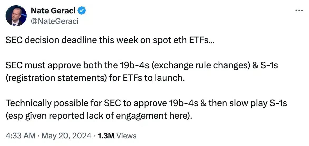 Nate Geraci's tweet on ETH ETF