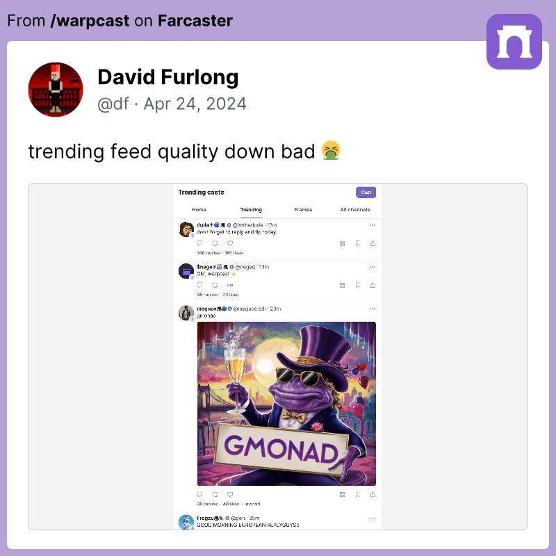 Users complain of Warpcast's trending feed filling up with meaningless posts.