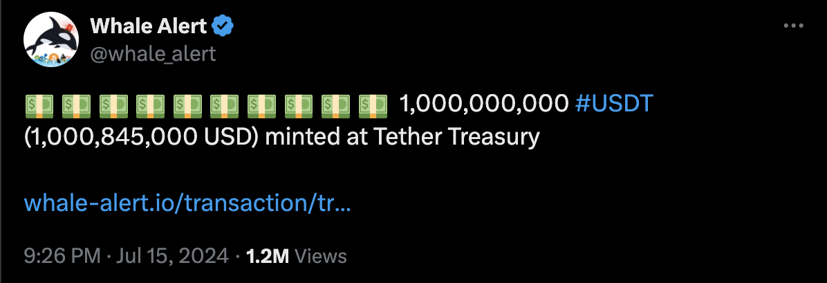 Tether mints $1 billion stablecoin