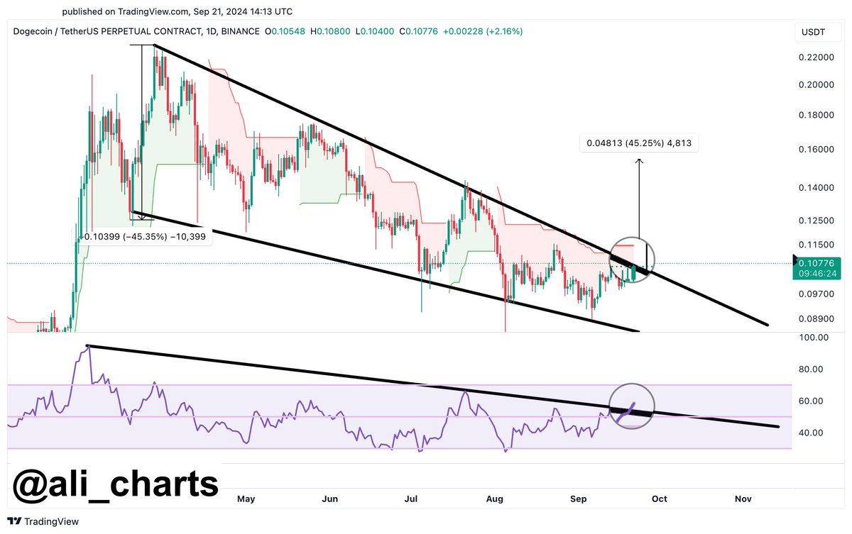 Dogecoin testing key resistance at $0.11 as RSI breaks descending trendline. 