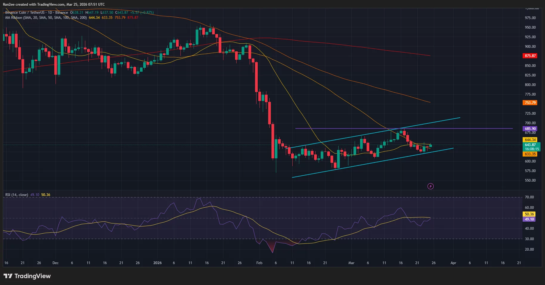 BNB price is trading within an ascending parallel channel pattern on the daily chart.