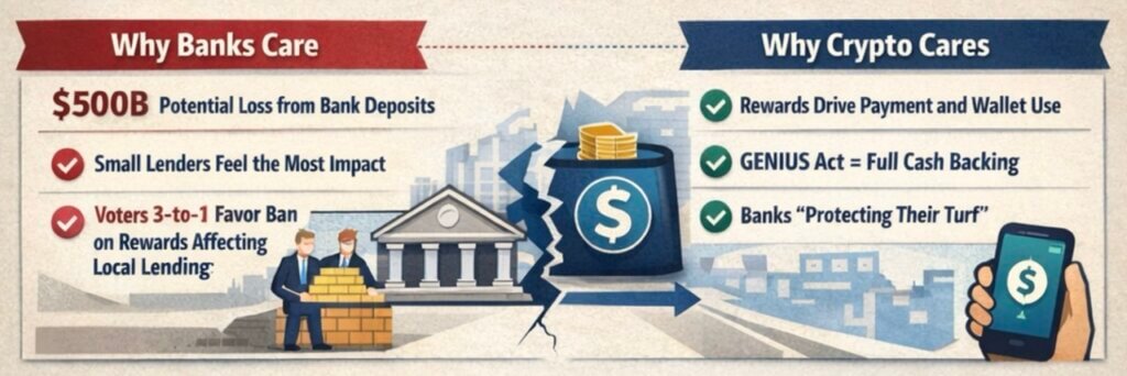 Infographic comparing why banks care and why crypto cares about a stablecoin bill, showing deposit losses, lender impacts, cash-back rewards, and bank protectionism.