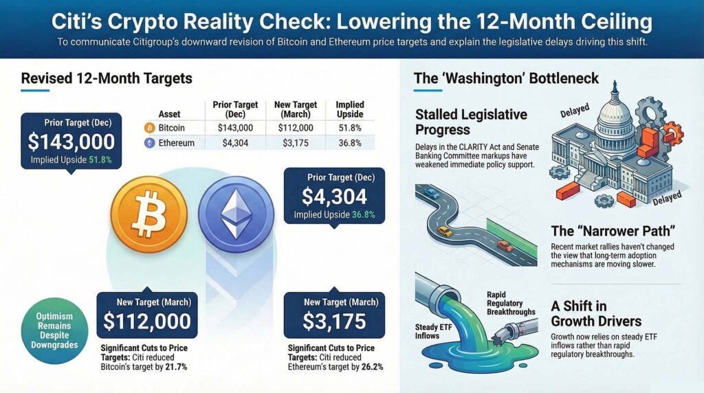 Infographic showing Citi lowering its 12-month Bitcoin and Ethereum price targets amid legislative delays in Washington.