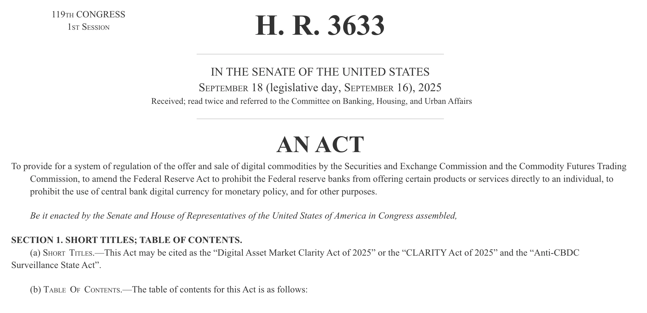 The CLARITY Act. Source: US Congress