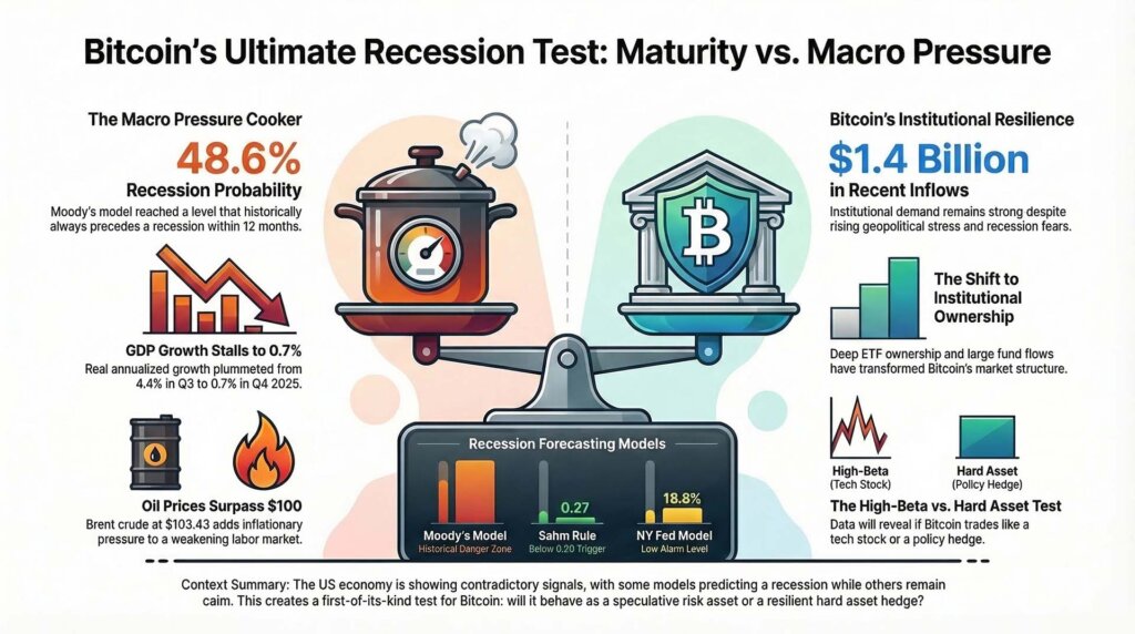 Infographic comparing Bitcoin's recession risk with its institutional resilience, showing a 48.6% recession probability, stalled GDP growth, high oil prices, and $1.4 billion recent inflows into Bitcoin institutional ownership.