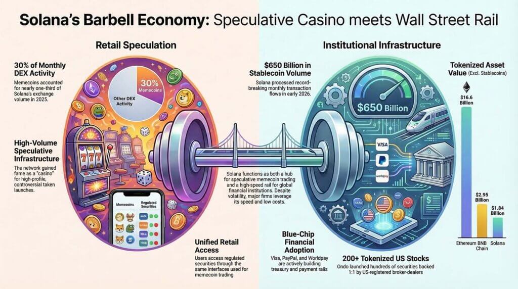 Infographic showing Solana’s “barbell economy,” with retail speculation on the left and institutional tokenized stock infrastructure on the right connected by a barbell.