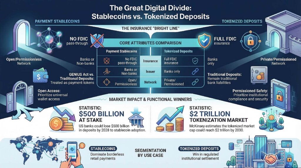 Infographic comparing stablecoins and tokenized deposits, highlighting FDIC insurance, bank-issued tokens, and differences in payments, access, and regulation