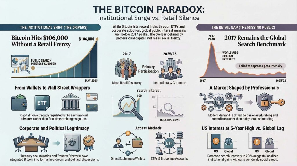 Infographic showing Bitcoin’s rise to $106K driven by institutional adoption while retail interest and global search trends remain below 2017 levels, highlighting a gap between price growth and public engagement