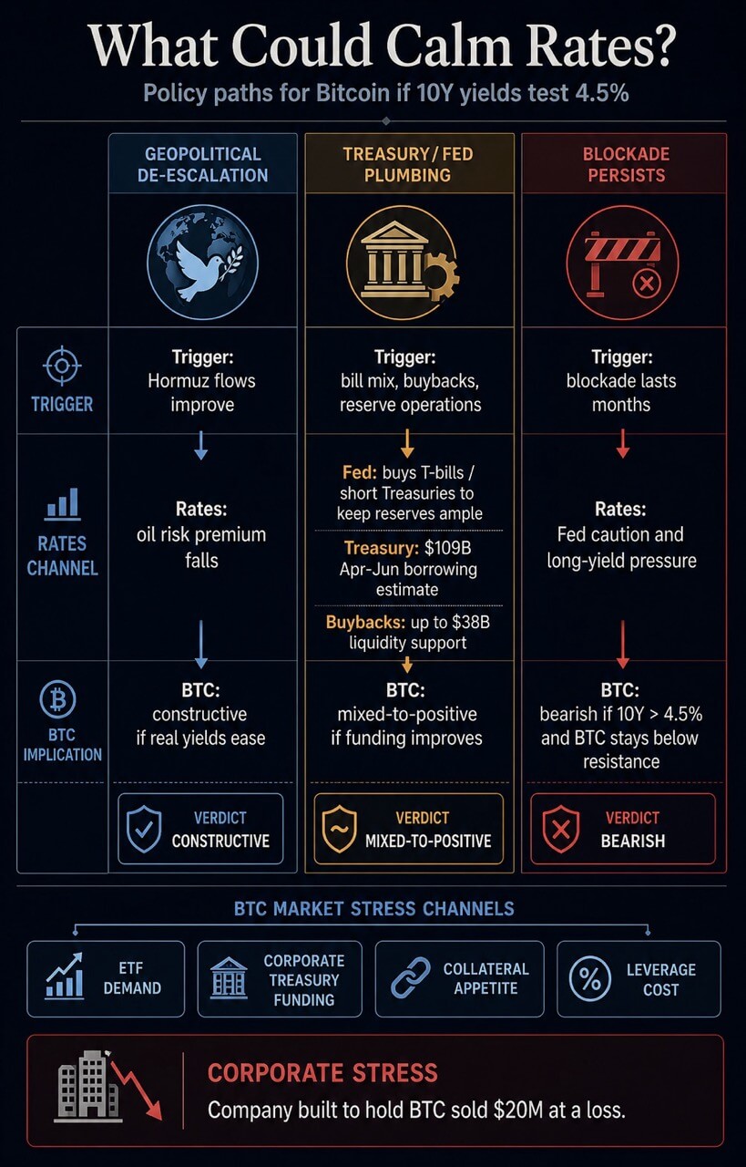 Infographic comparing geopolitical de-escalation, Treasury and Fed plumbing relief, and a persistent blockade as policy paths for Bitcoin if 10-year yields test 4.5%.
