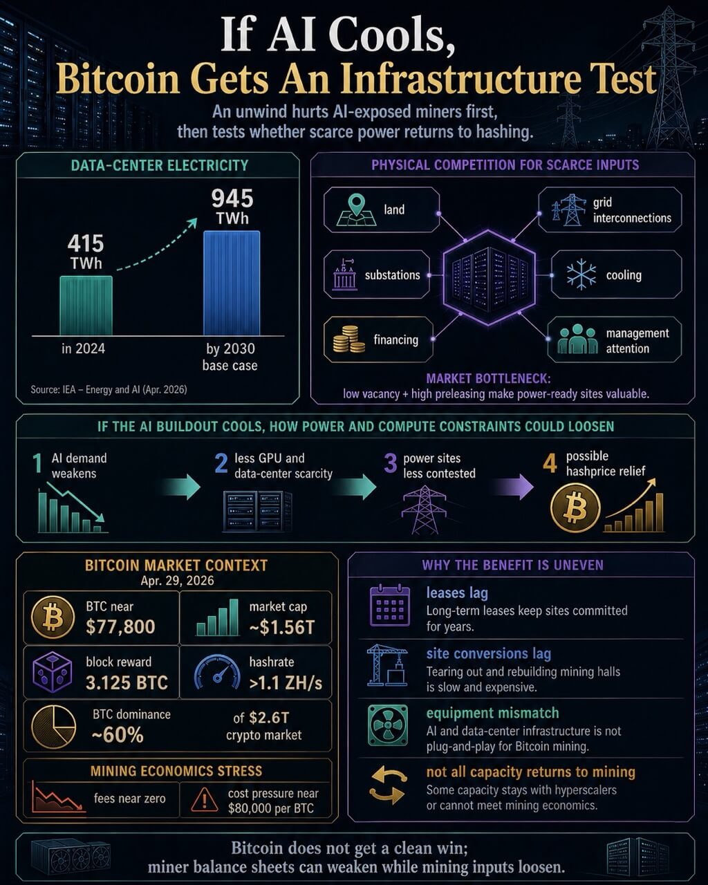 Infographic showing how a cooling AI infrastructure cycle could loosen scarce power and compute inputs for Bitcoin mining while leaving miner balance sheets exposed.