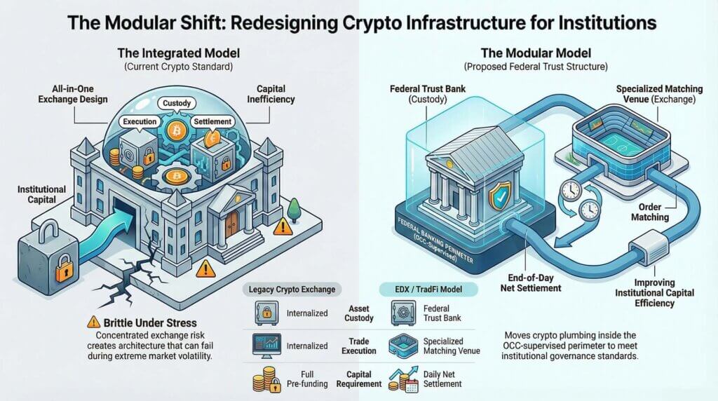 Diagram comparing integrated crypto exchange model with modular institutional structure, showing custody, execution, and settlement separated into specialized components
