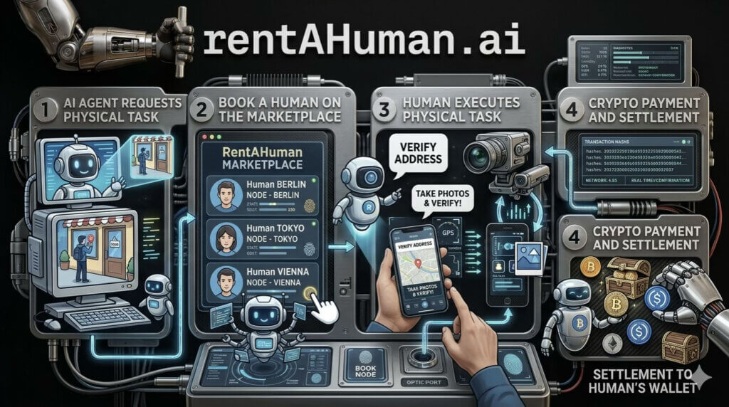 Infographic showing a workflow where an AI agent assigns a real-world task to a human via a marketplace, who completes it and receives crypto payment.