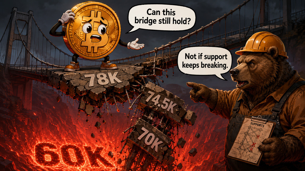 Bitcoin price support levels collapsing from $78K toward $70K beneath a crumbling bridge as traders fear deeper crypto market downside
