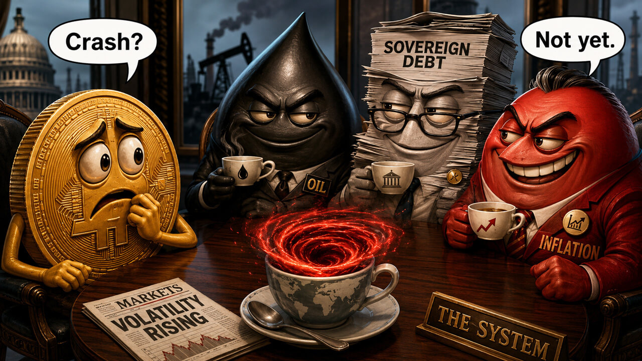 Illustration showing Bitcoin, oil, sovereign debt, and inflation characters reacting to market volatility.