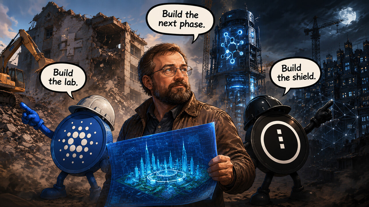 Charles Hoskinson standing between Cardano infrastructure and Midnight privacy network construction sites as the ecosystem pushes toward its next development phase and security expansion