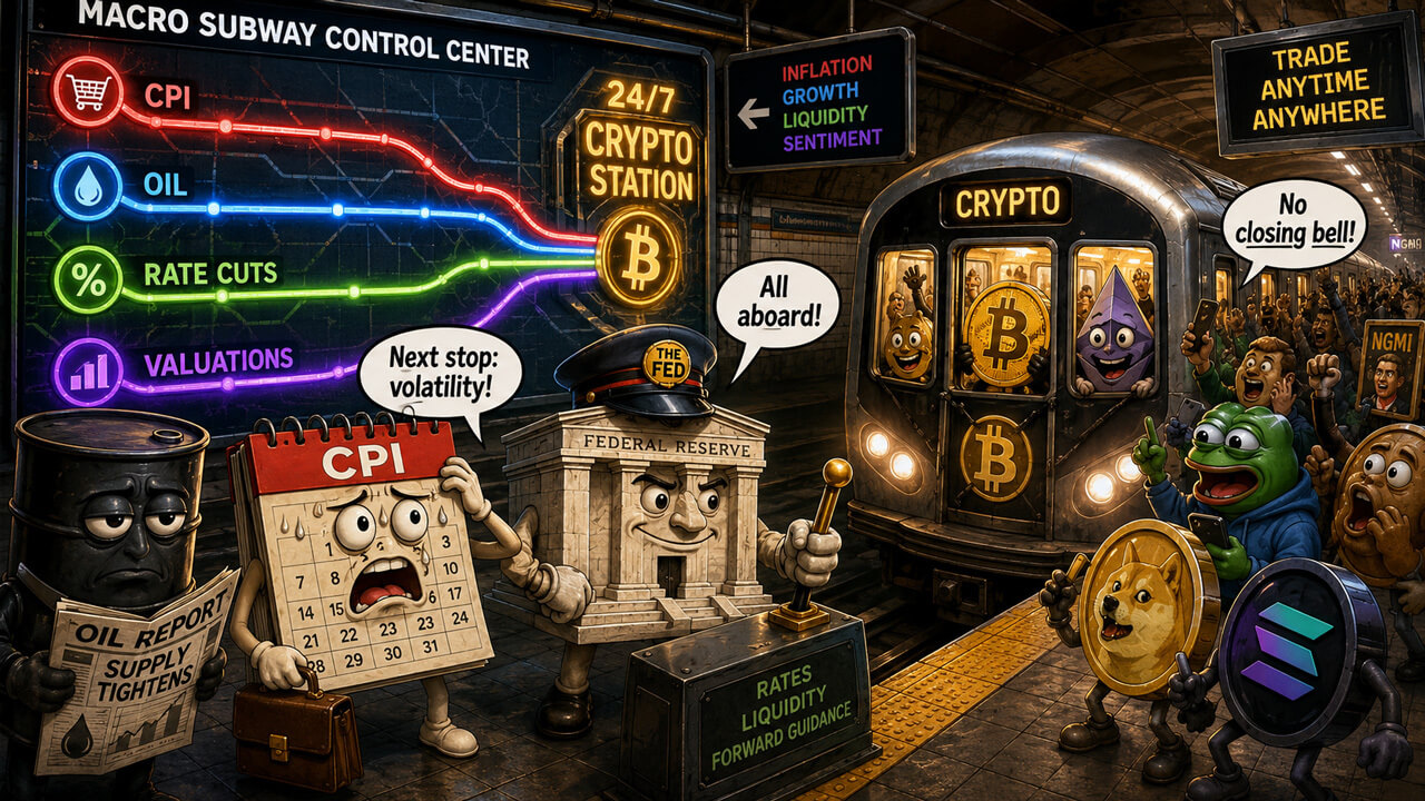 Comic-style crypto subway scene showing traders boarding a Bitcoin train amid CPI, Fed rate cut, oil, and valuation signals.