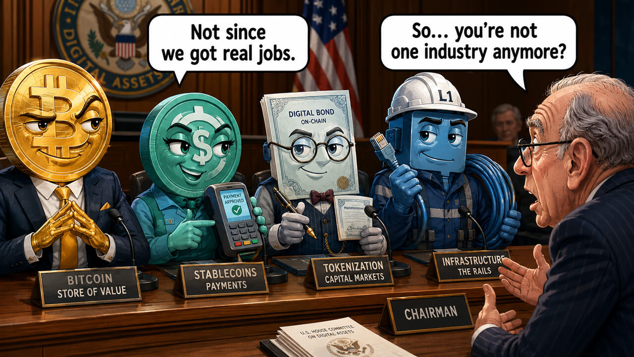 Cartoon crypto industry sectors testify before a regulator, with Bitcoin, stablecoins, tokenization and infrastructure shown as separate characters.