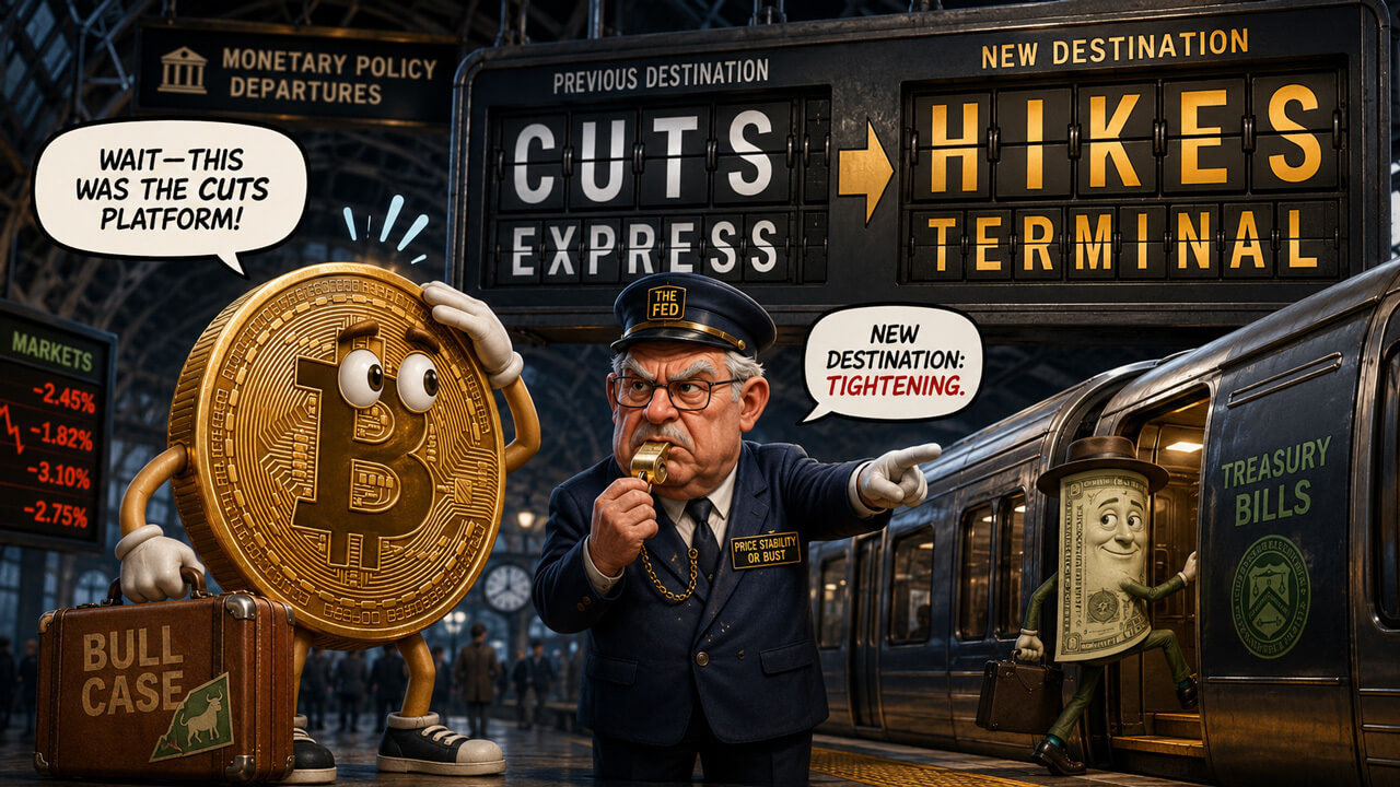 Illustration of Bitcoin caught between Fed rate cuts and renewed rate-hike risk as Treasury yields tighten liquidity.