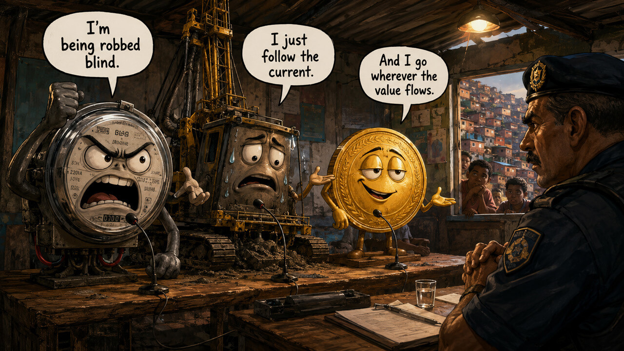 Comic illustration of stolen power being converted into crypto value through illegal Bitcoin mining.