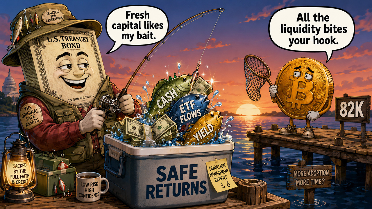 Cartoon of a Treasury bill fishing liquidity from markets as Bitcoin waits near $82,000.