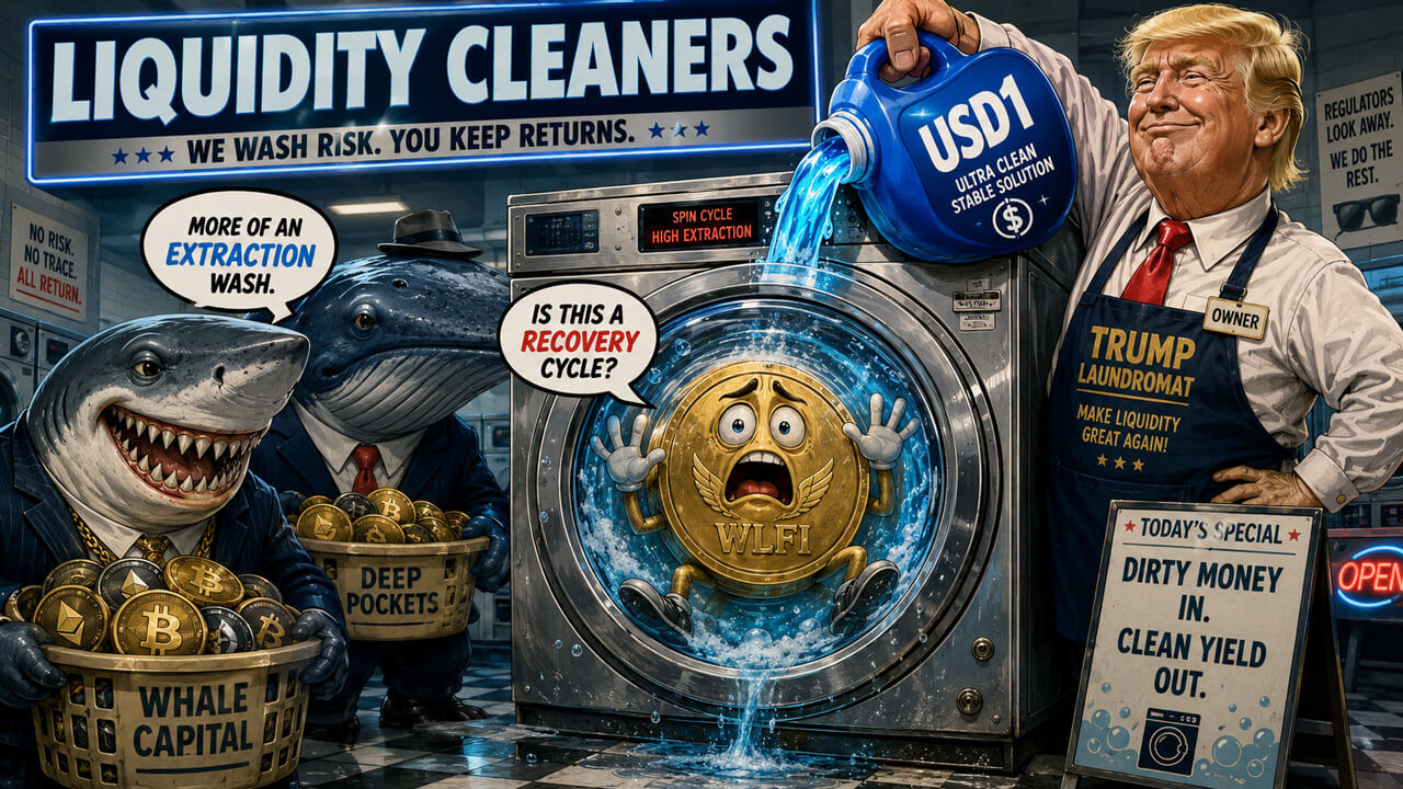 Satirical image of a Trump-themed liquidity laundromat washing WLFI as Bitcoin whale capital exits.