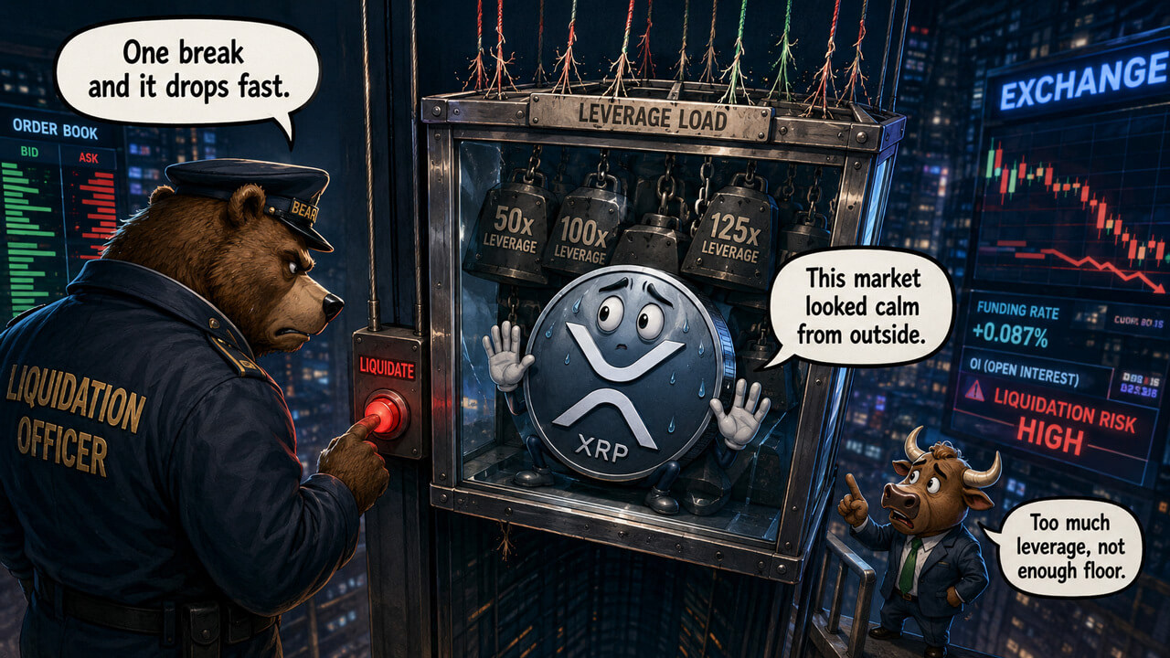 Cartoon XRP token trapped under extreme crypto leverage as liquidation pressure builds across a volatile derivatives market