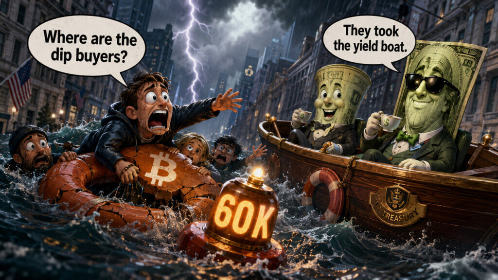 Cartoon illustration of Bitcoin investors stranded in stormy seas on a Bitcoin lifebuoy as a buoy marked "$60K" floats nearby, asking "Where are the buyers?" while smiling US Treasury bills in a boat reply, "They took the yield boat," symbolizing capital shifting from Bitcoin into higher-yielding US assets amid market weakness.