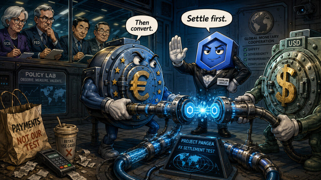 Editorial illustration of regulated stablecoin-based FX settlement between euro and Korean won markets using Chainlink infrastructure.