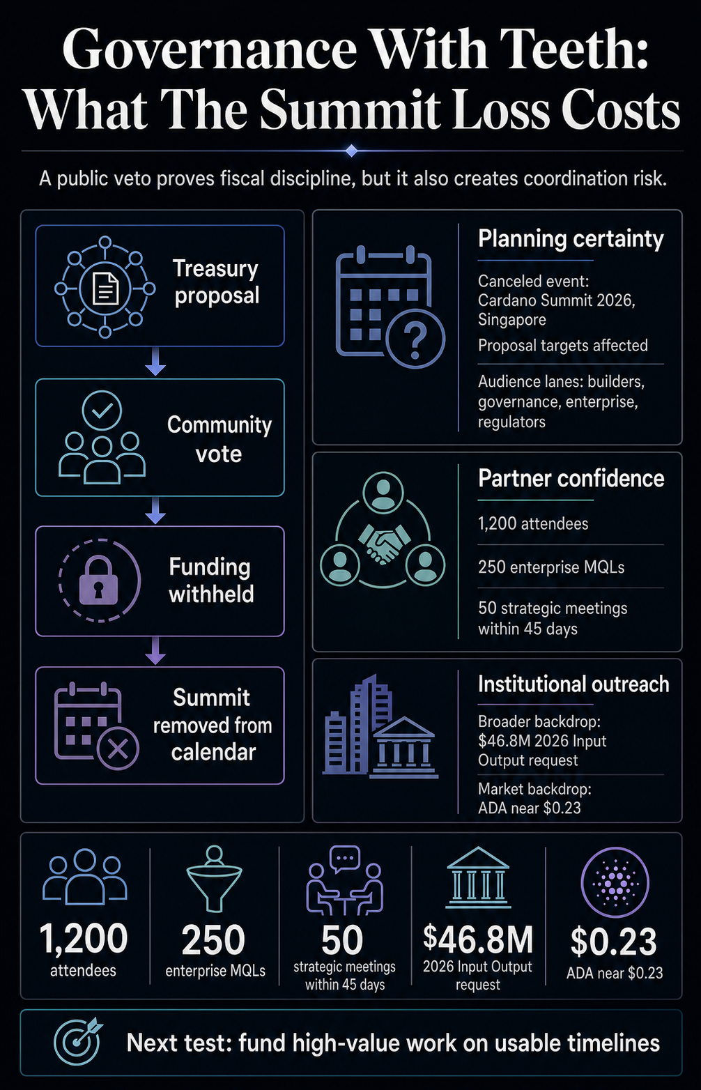 Infographic mapping Cardano governance restraint to Summit planning, partner confidence, and institutional outreach risks.