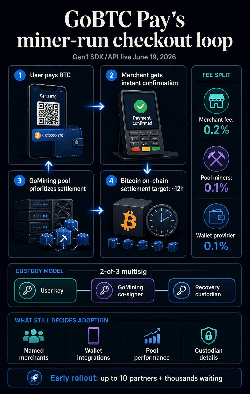 Infographic showing GoBTC Pay's miner-run Bitcoin checkout loop, fee split, custody model, and adoption variables.