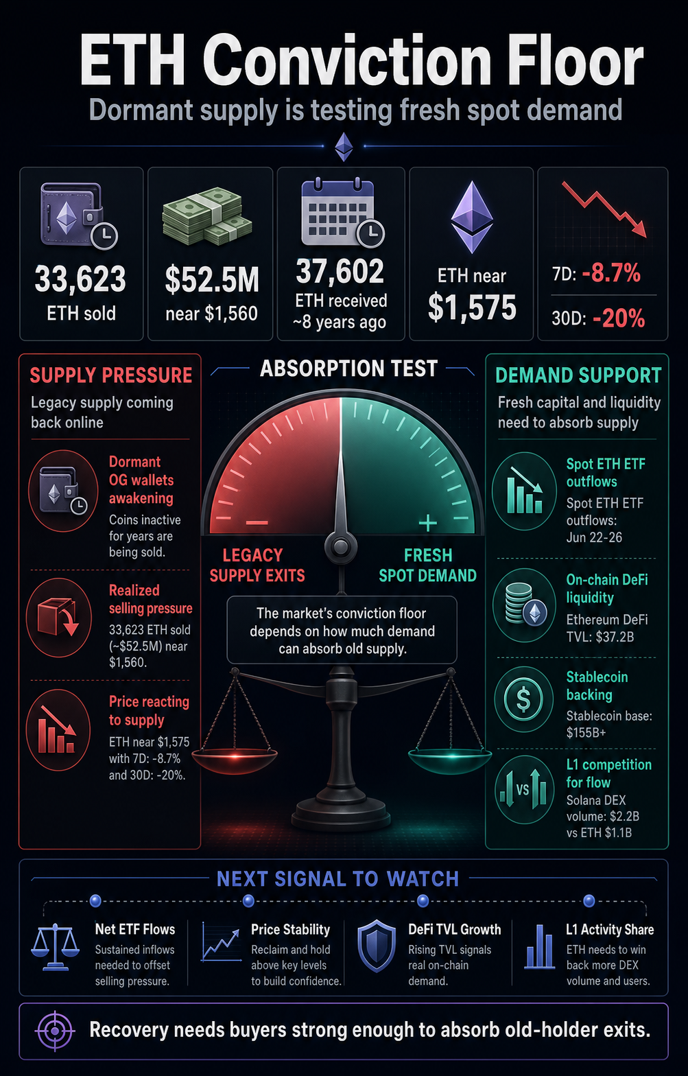 Infographic showing ETH dormant wallet sale pressure, ETF outflows, DeFi support, and competing L1 signals in an absorption test.