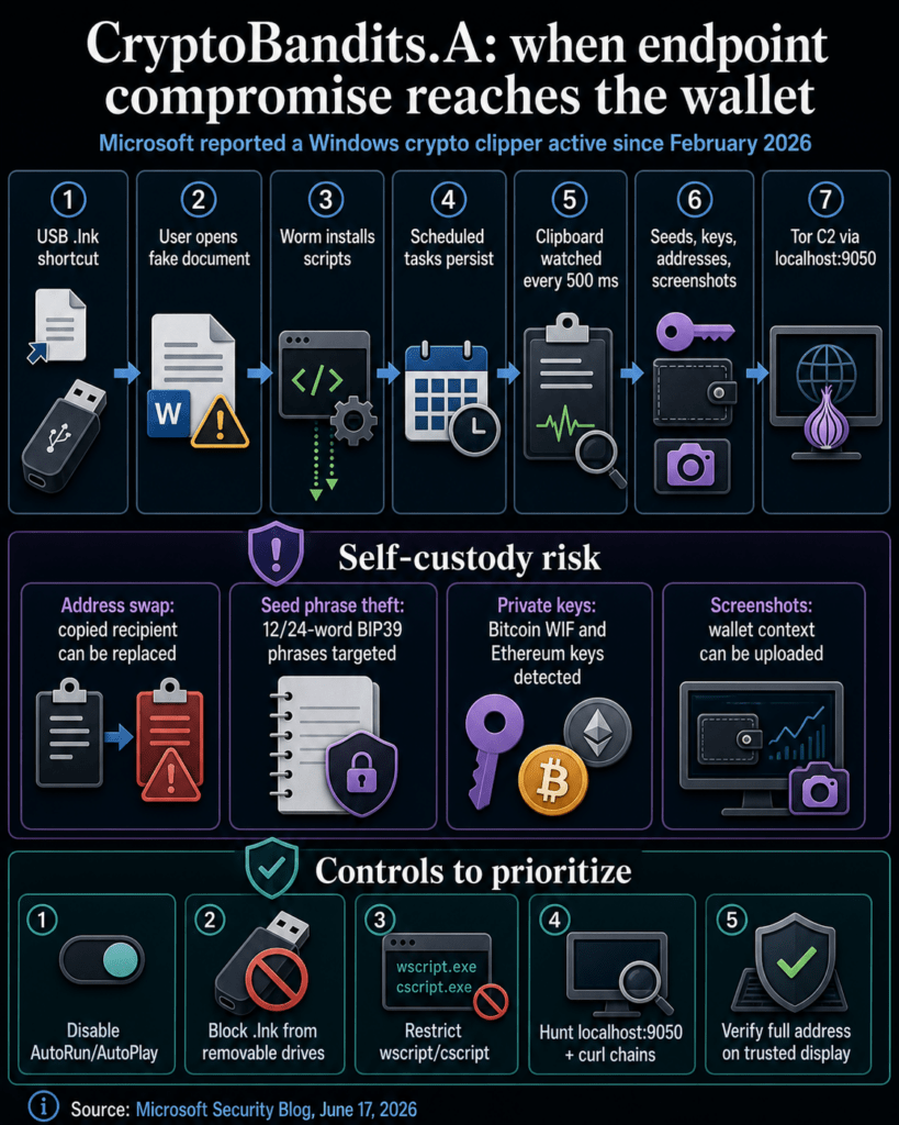 Infographic showing CryptoBandits.A moving from USB shortcut execution to clipboard monitoring, wallet-secret theft, Tor command-and-control, and recommended endpoint controls.