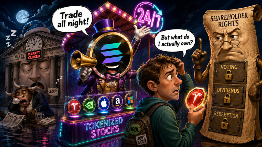 Tokenized stocks cartoon showing 24/7 trading while a confused investor questions shareholder rights, dividends, voting rights and ownership of blockchain-based equity tokens.