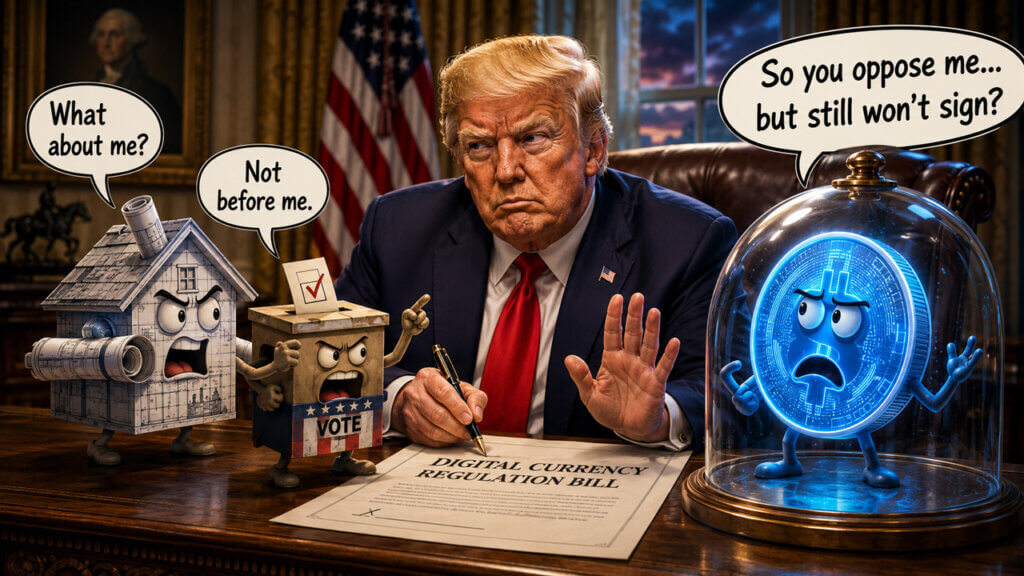 U.S. president Donald Trump refusing to sign a digital currency regulation bill while housing and election characters protest, illustrating conflict over CBDC and crypto policy.