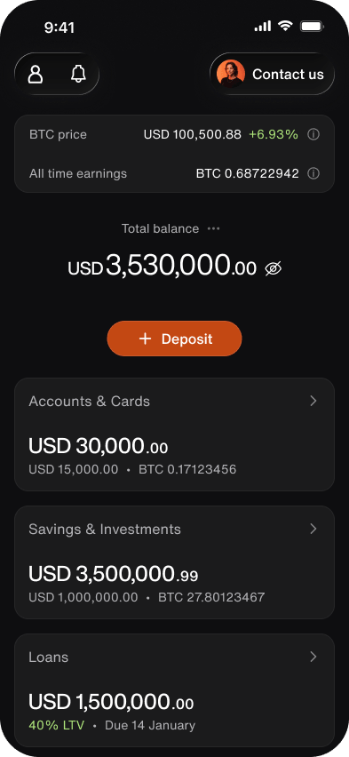 Xapo Bank app home screen showing BTC price, total balance, deposit option, accounts, savings, investments, and loan details
