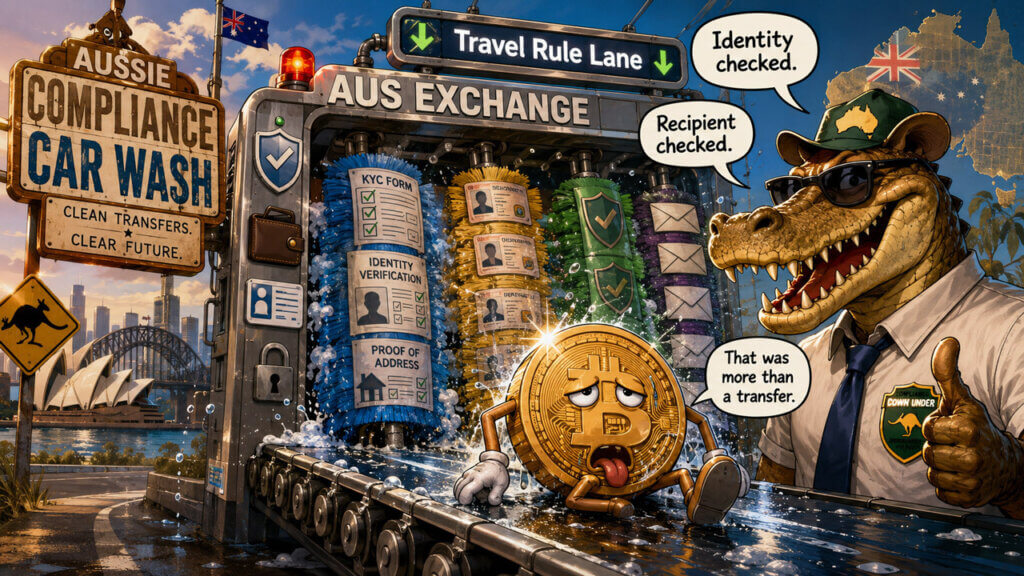 Australian crypto compliance crackdown illustrated with Bitcoin entering a car wash beneath Australian street signs