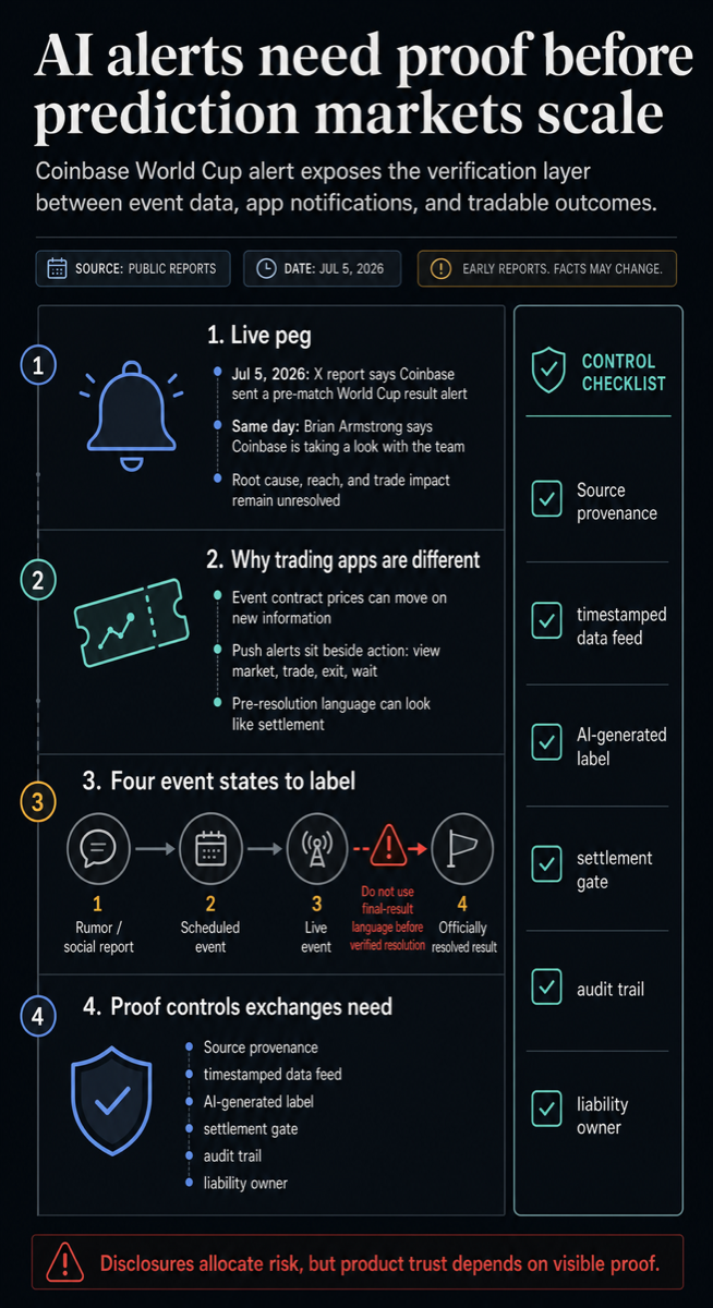 Infographic showing how AI alerts need proof controls before prediction markets scale, including event states, verification gates, and exchange controls.