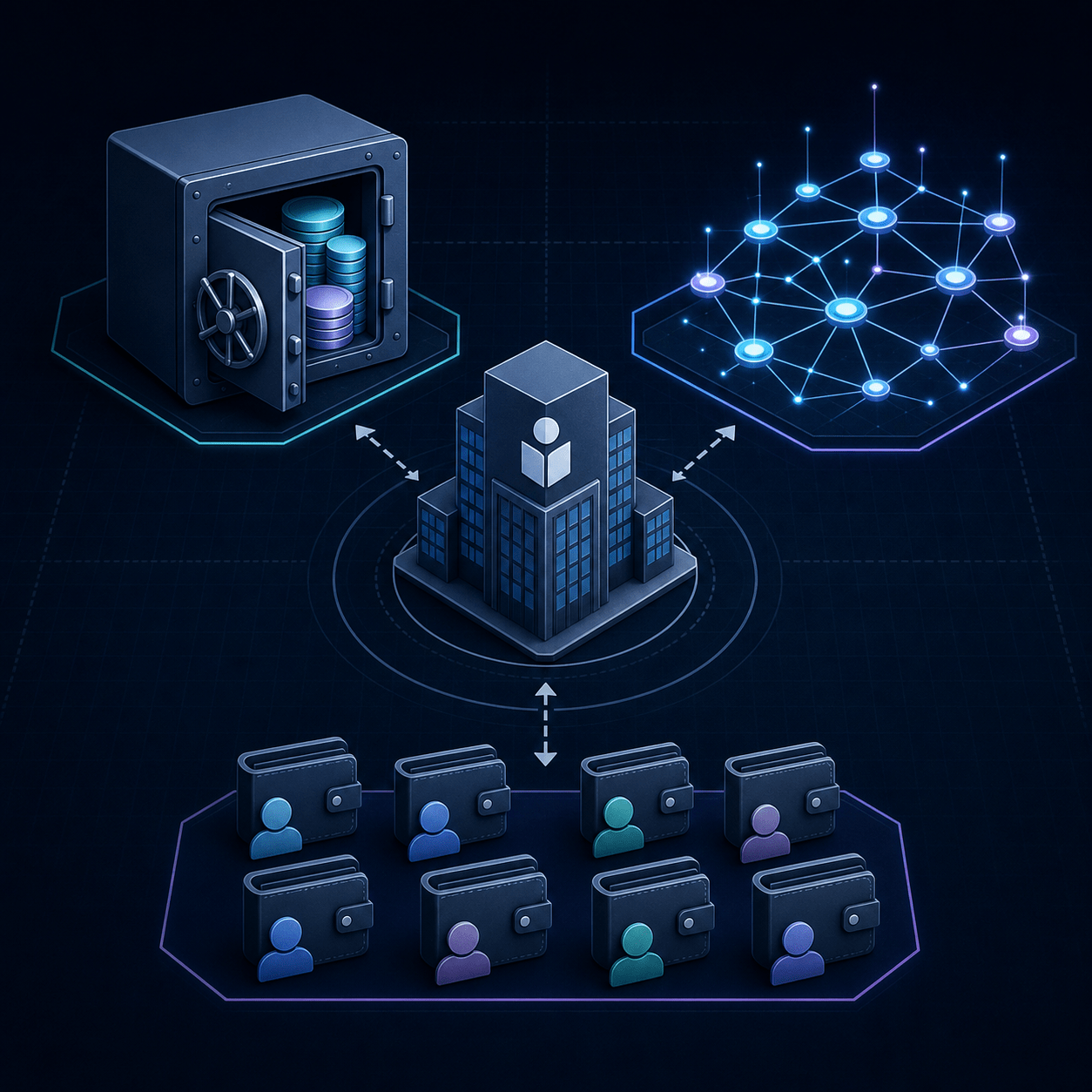 Conceptual diagram separating a crypto company, its token reserve, a decentralized ledger network and public token holders.