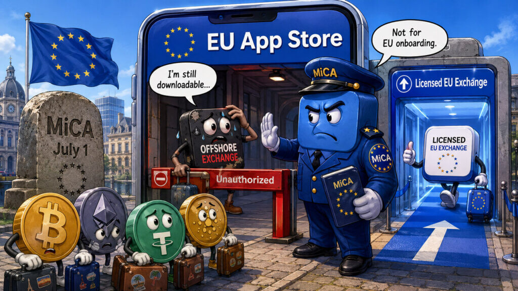 EU App Store checkpoint blocking offshore crypto exchange apps under MiCA after the July 1 compliance deadline