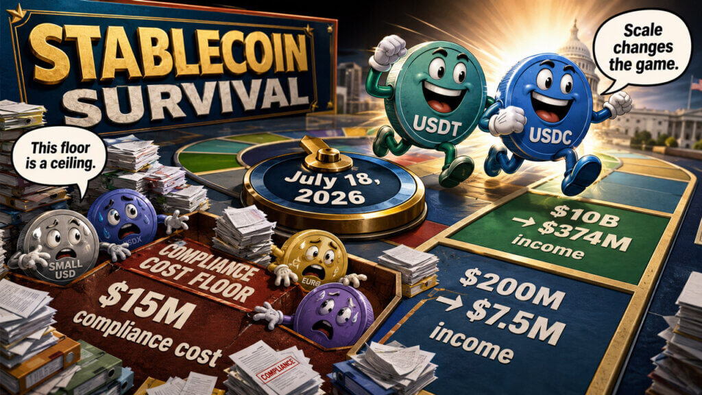 Stablecoin survival board game illustrating how GENIUS Act compliance costs decide which stablecoins stay competitive