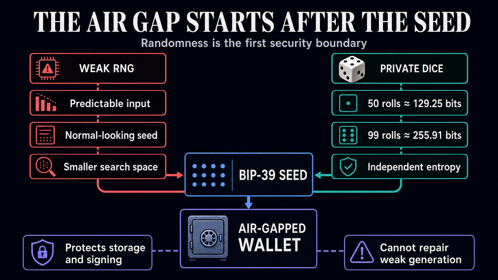 Infographic comparing predictable weak RNG with private dice entropy before both feed a BIP-39 seed and an air-gapped wallet; 50 rolls provide about 129.25 bits and 99 about 255.91 bits.