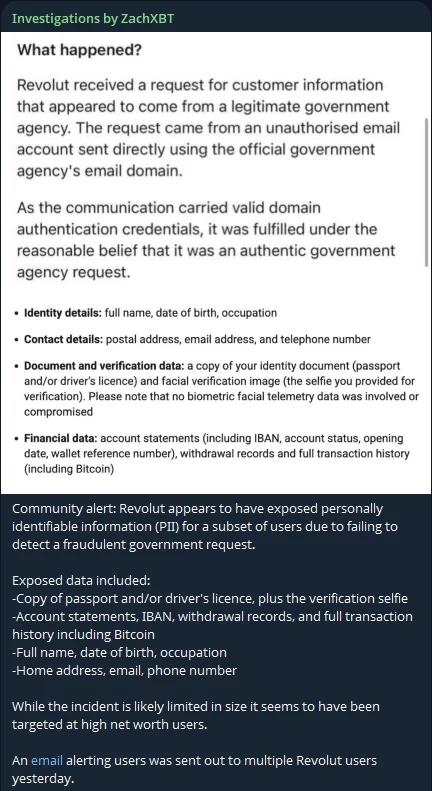 Screenshot of ZachXBT’s Telegram post showing a Revolut notice about customer data disclosed after a fraudulent government request, including identity documents and Bitcoin transaction histories.