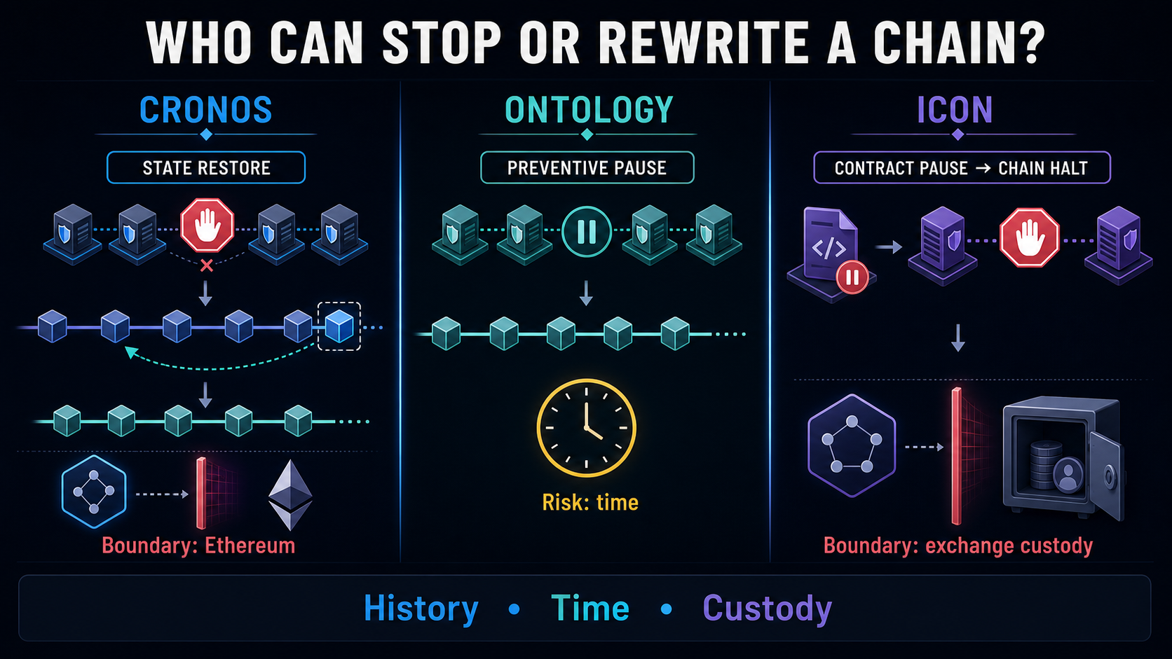 Comparison of Cronos state restoration, Ontology's preventive pause, and ICON's contract pause followed by a chain halt, showing the recovery boundaries of Ethereum, time, and exchange custody.