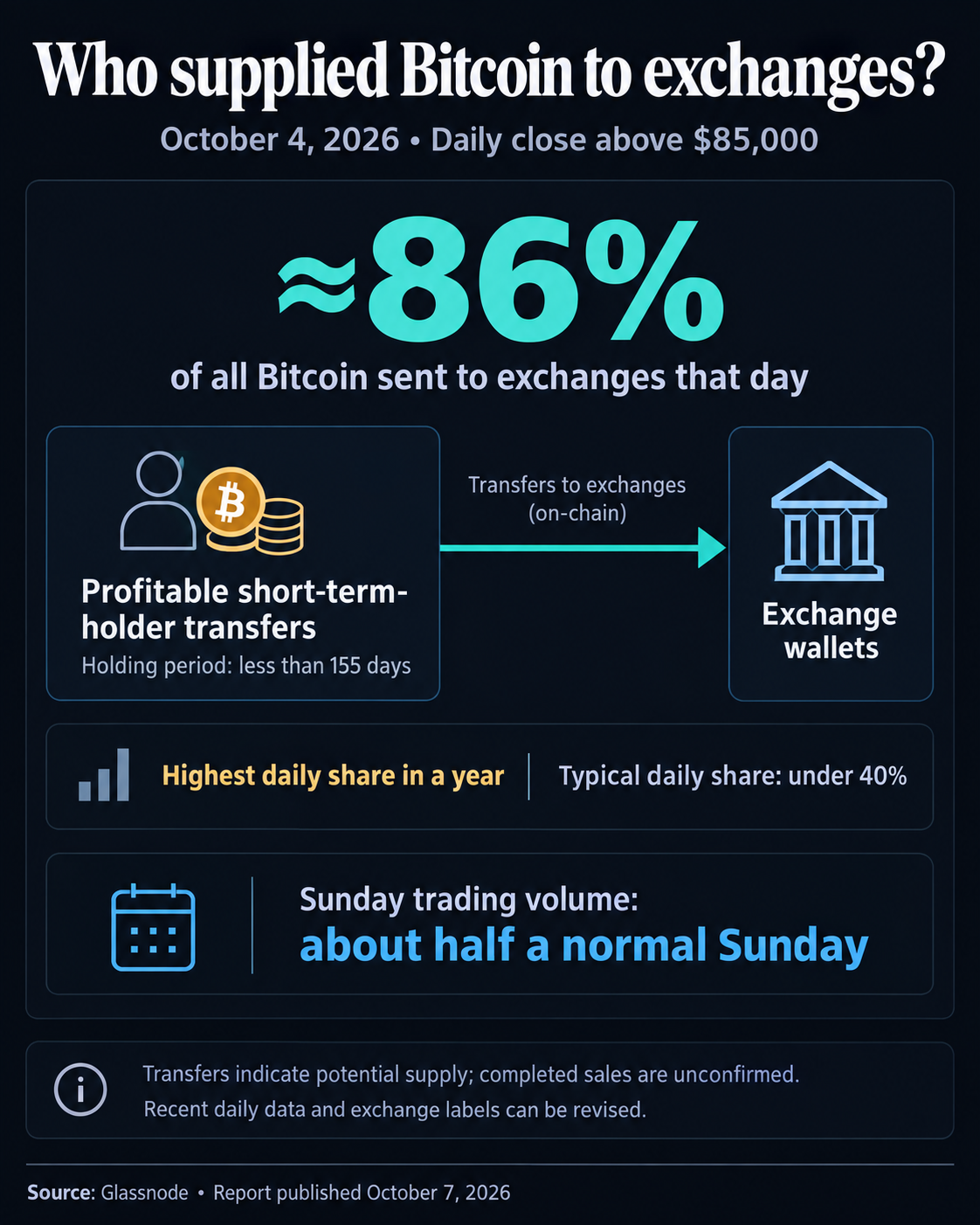 On October 4, 2026, profitable transfers from Bitcoin holders of less than 155 days accounted for about 86% of all exchange inflows, the highest daily share in a year, according to Glassnode’s October 7 report. Typical share was under 40%; Sunday trading volume was about half normal. Transfers show potential supply, with completed sales unconfirmed.